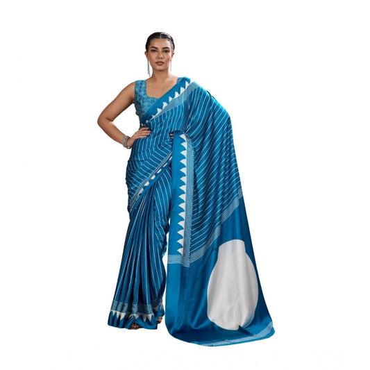 Generic Women's Satin Crepe Printed Saree With Unstitched Blouse 5.5Mtr (Rama Blue) - VANSHELLE