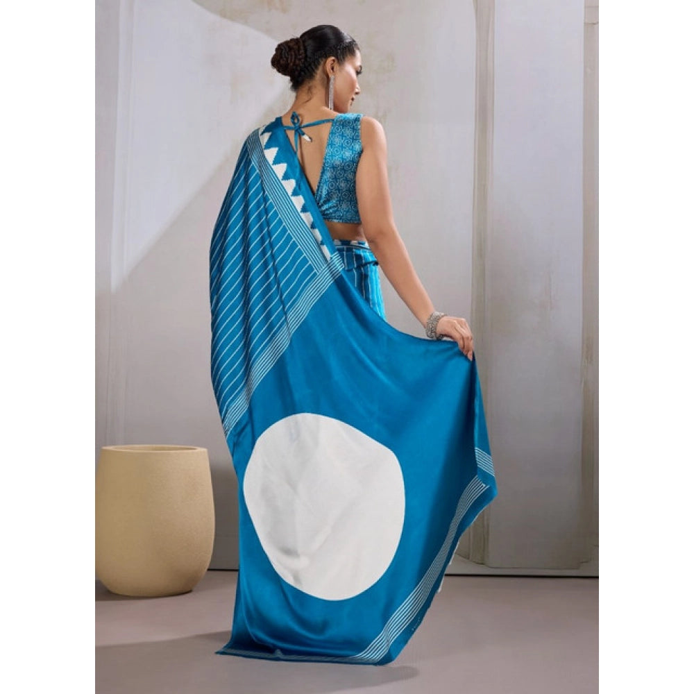Generic Women's Satin Crepe Printed Saree With Unstitched Blouse 5.5Mtr (Rama Blue) - VANSHELLE