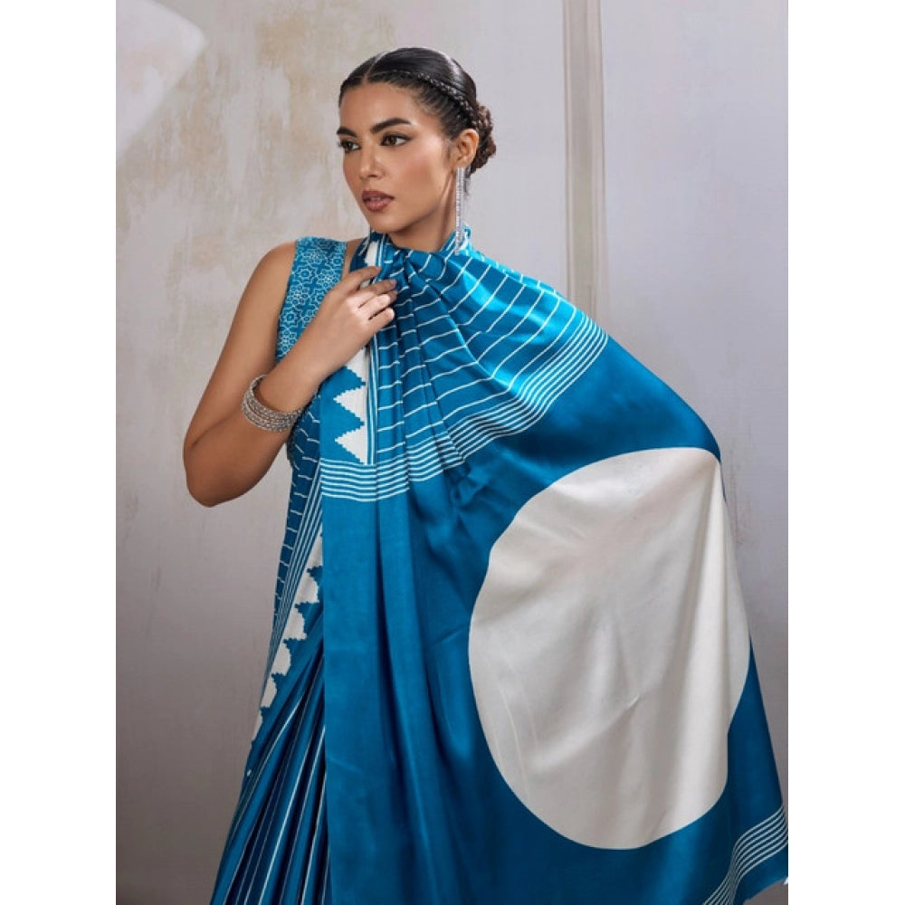 Generic Women's Satin Crepe Printed Saree With Unstitched Blouse 5.5Mtr (Rama Blue) - VANSHELLE