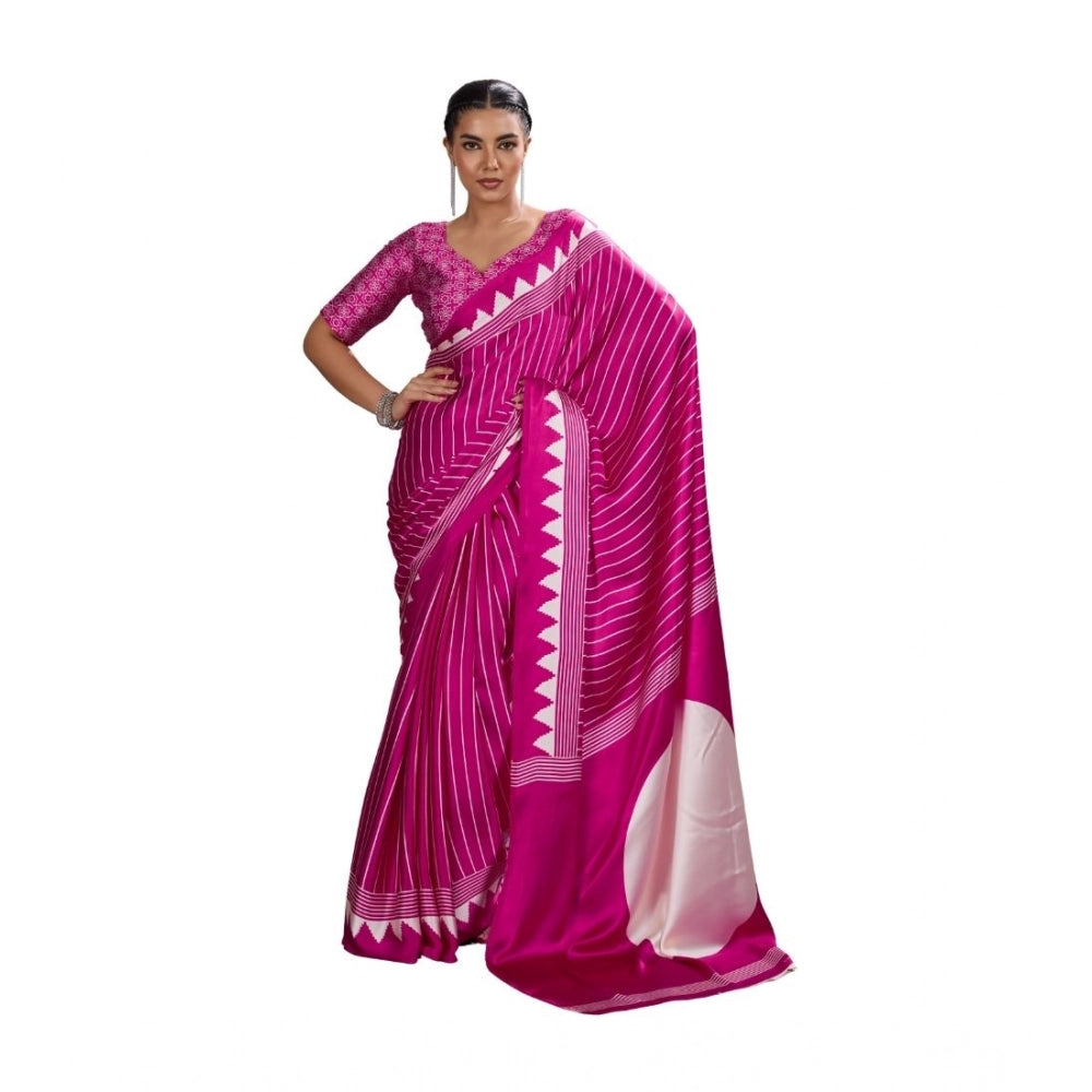 Generic Women's Satin Crepe Printed Saree With Unstitched Blouse 5.5Mtr (Pink) - VANSHELLE