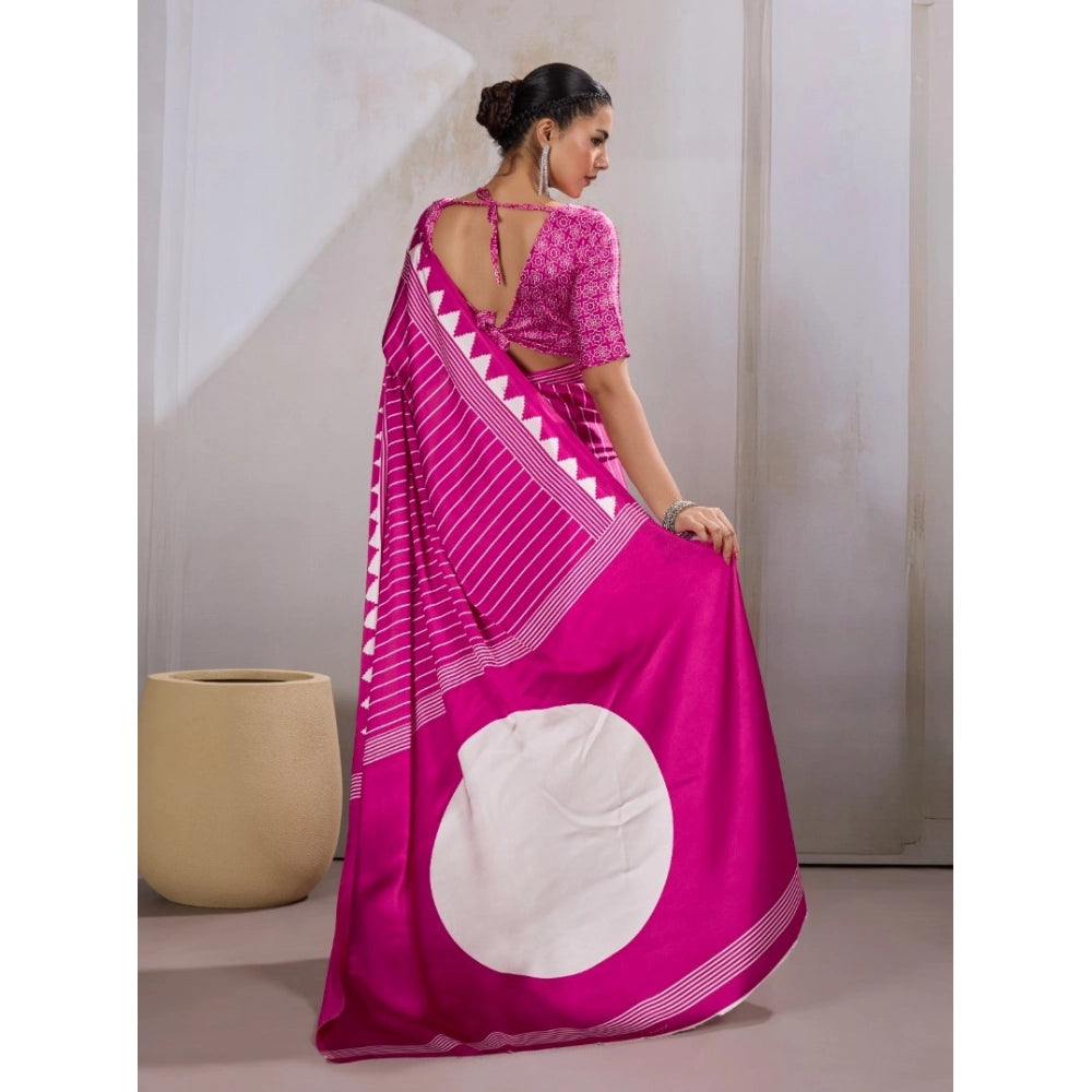 Generic Women's Satin Crepe Printed Saree With Unstitched Blouse 5.5Mtr (Pink) - VANSHELLE