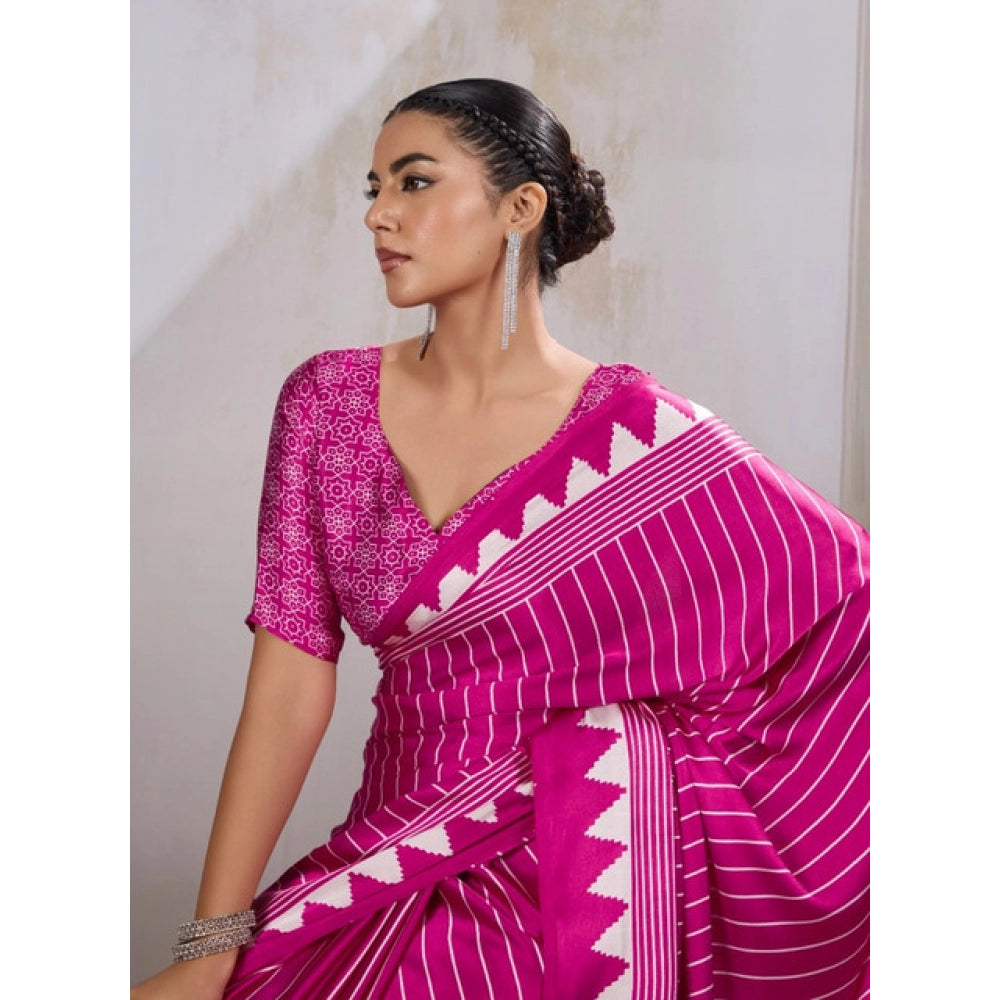 Generic Women's Satin Crepe Printed Saree With Unstitched Blouse 5.5Mtr (Pink) - VANSHELLE