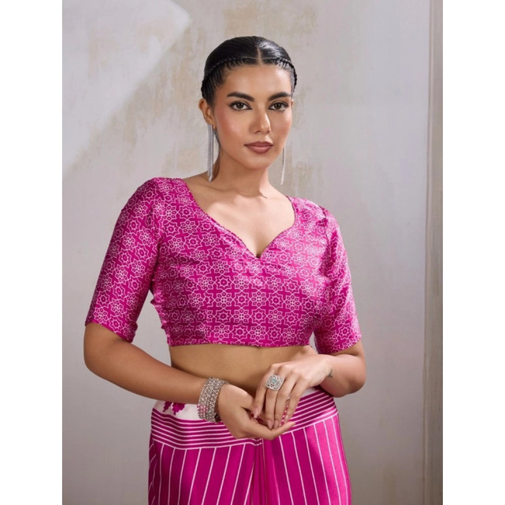 Generic Women's Satin Crepe Printed Saree With Unstitched Blouse 5.5Mtr (Pink) - VANSHELLE