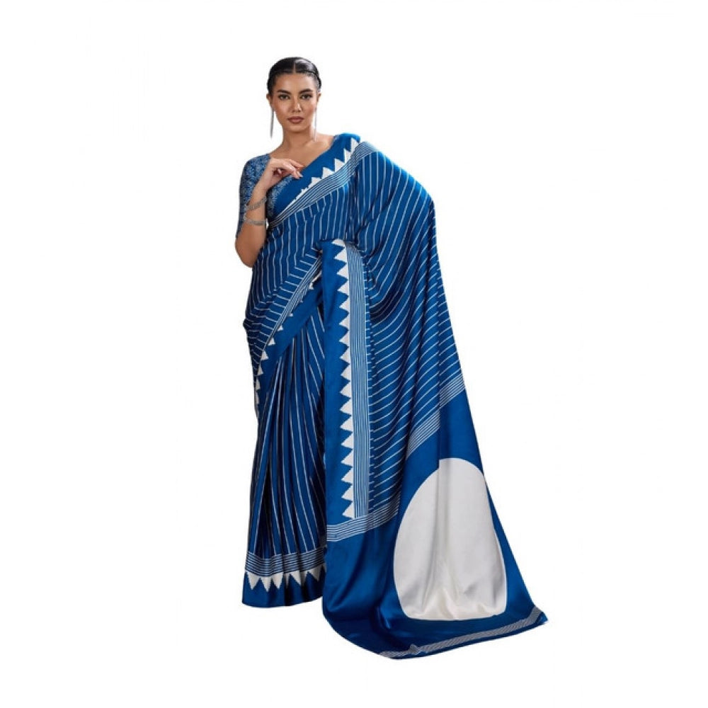 Generic Women's Satin Crepe Printed Saree With Unstitched Blouse 5.5Mtr (Blue) - VANSHELLE