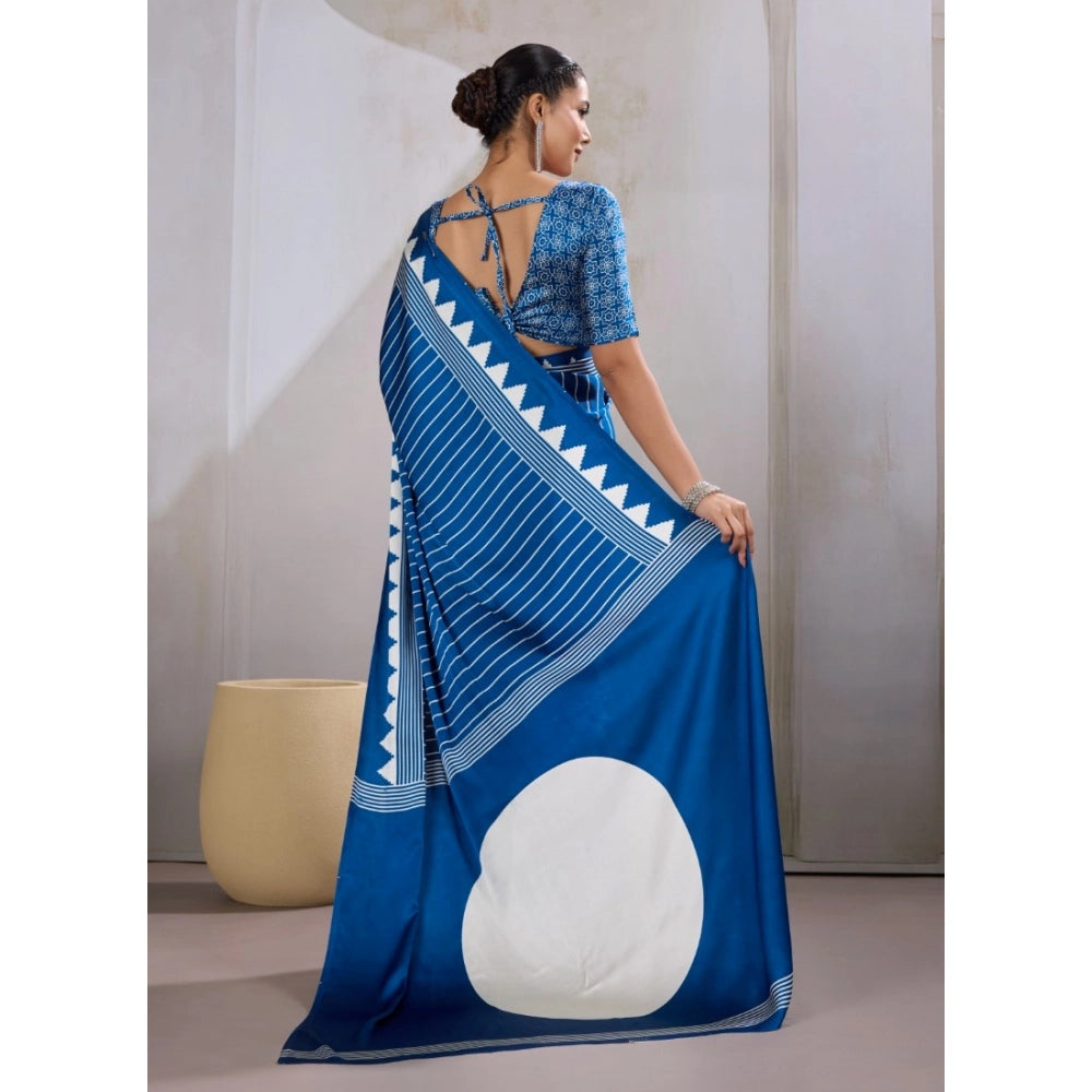 Generic Women's Satin Crepe Printed Saree With Unstitched Blouse 5.5Mtr (Blue) - VANSHELLE