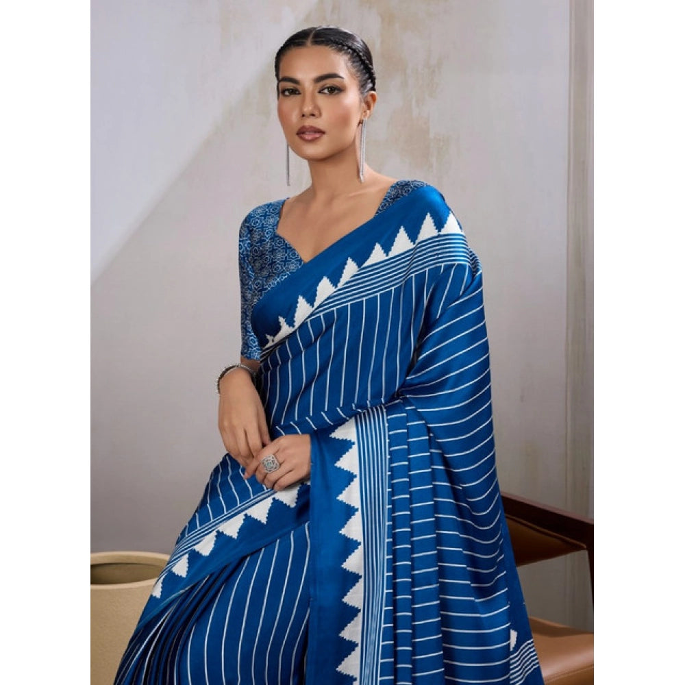 Generic Women's Satin Crepe Printed Saree With Unstitched Blouse 5.5Mtr (Blue) - VANSHELLE
