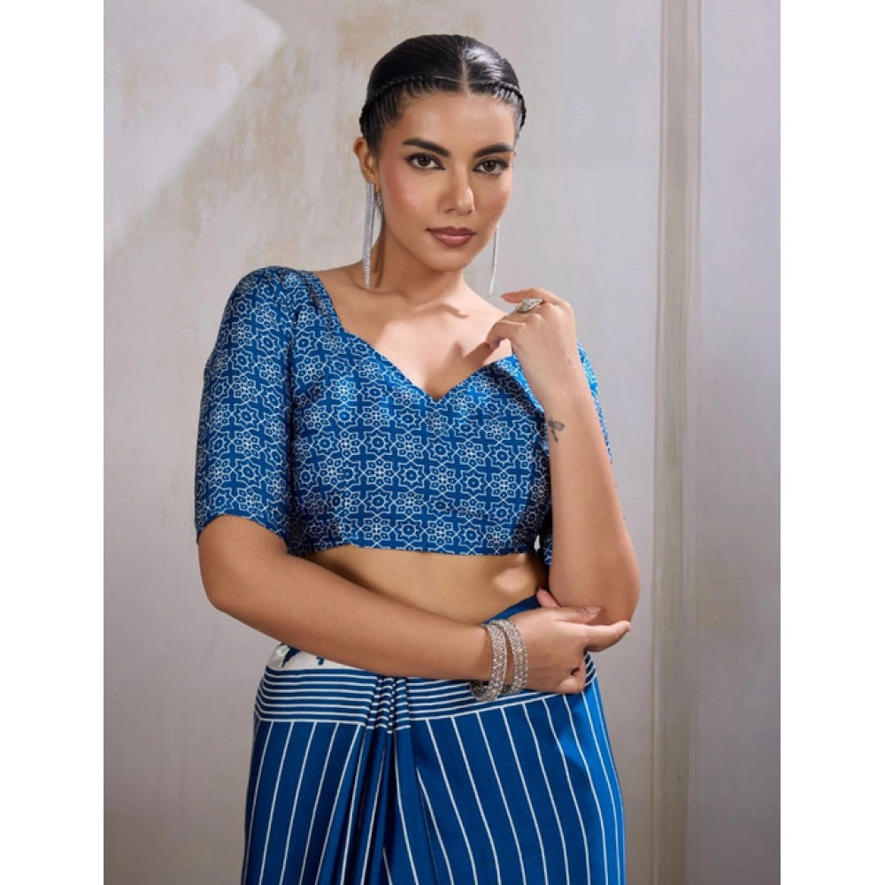 Generic Women's Satin Crepe Printed Saree With Unstitched Blouse 5.5Mtr (Blue) - VANSHELLE