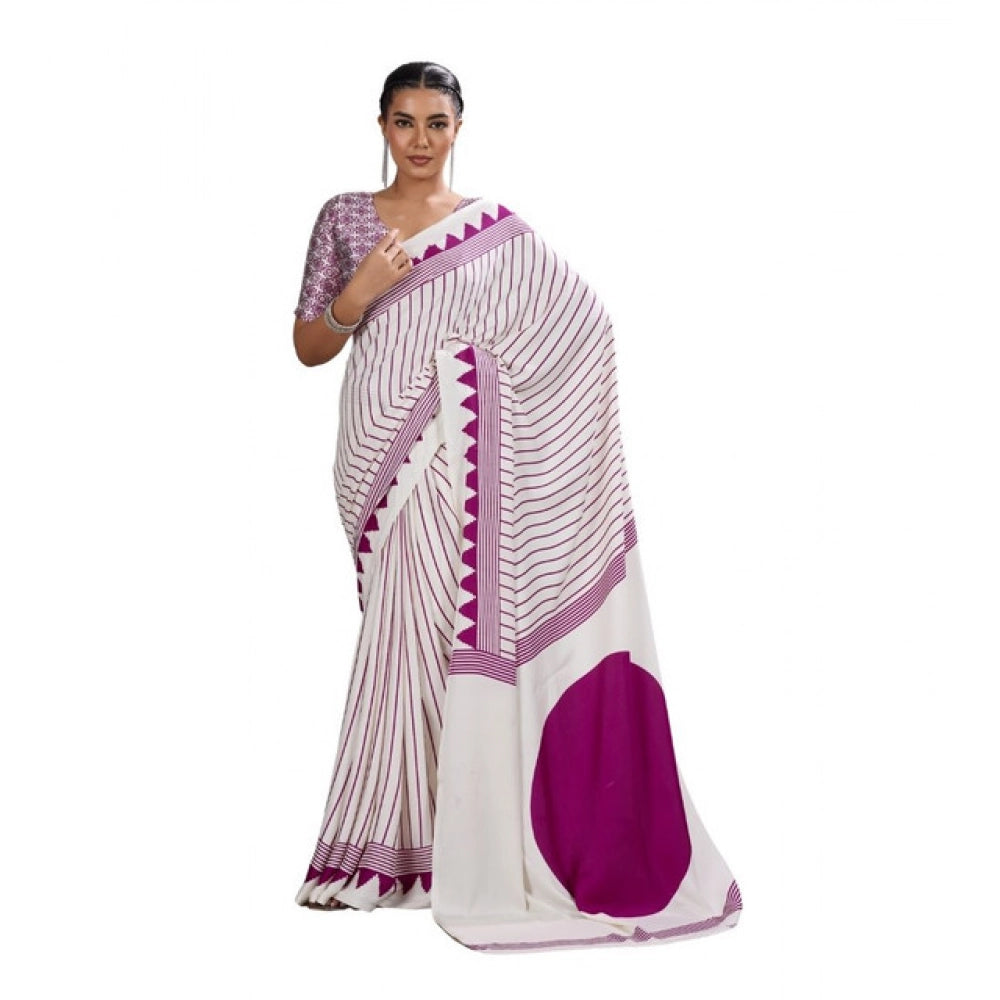Generic Women's Satin Crepe Printed Saree With Unstitched Blouse 5.5Mtr (White) - VANSHELLE