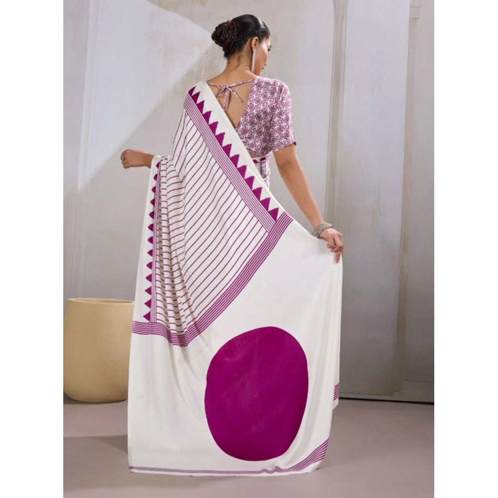 Generic Women's Satin Crepe Printed Saree With Unstitched Blouse 5.5Mtr (White) - VANSHELLE