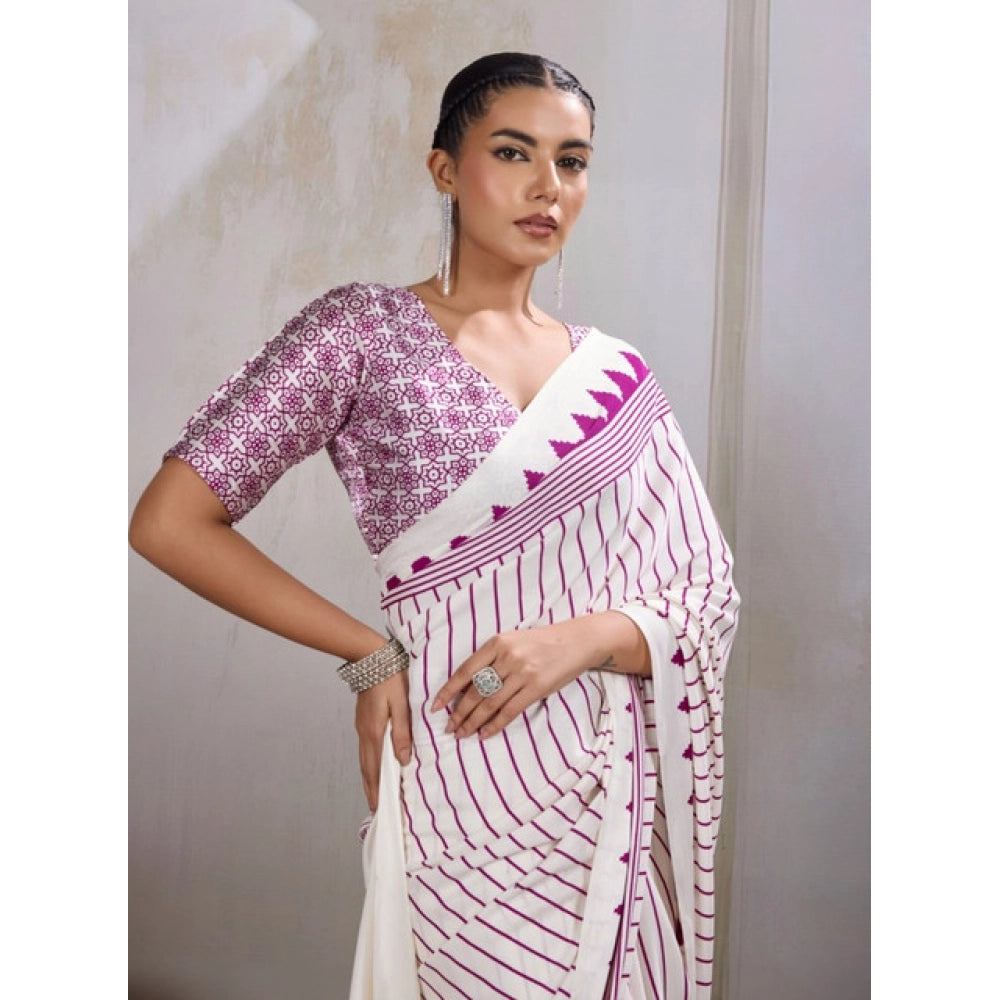 Generic Women's Satin Crepe Printed Saree With Unstitched Blouse 5.5Mtr (White) - VANSHELLE