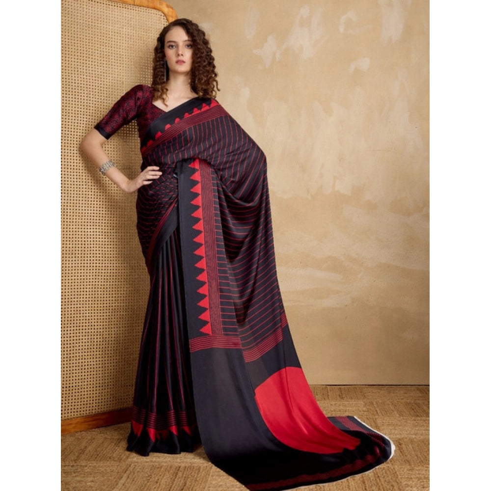 Generic Women's Satin Crepe Printed Saree With Unstitched Blouse 5.5Mtr (Black) - VANSHELLE