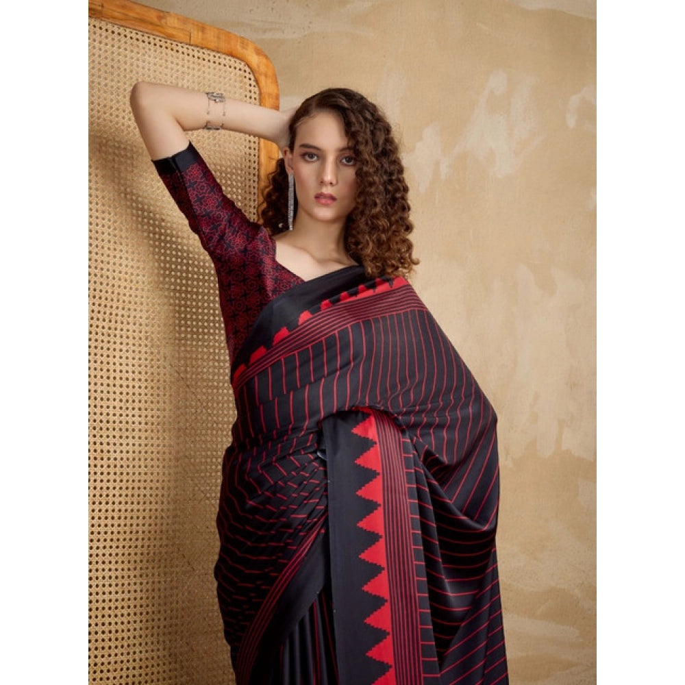 Generic Women's Satin Crepe Printed Saree With Unstitched Blouse 5.5Mtr (Black) - VANSHELLE