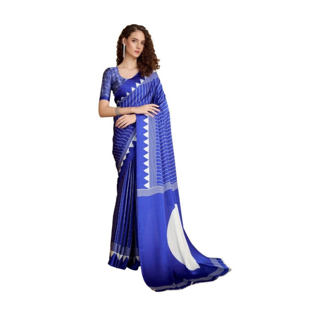 Generic Women's Satin Crepe Printed Saree With Unstitched Blouse 5.5Mtr (Navy Blue) - VANSHELLE