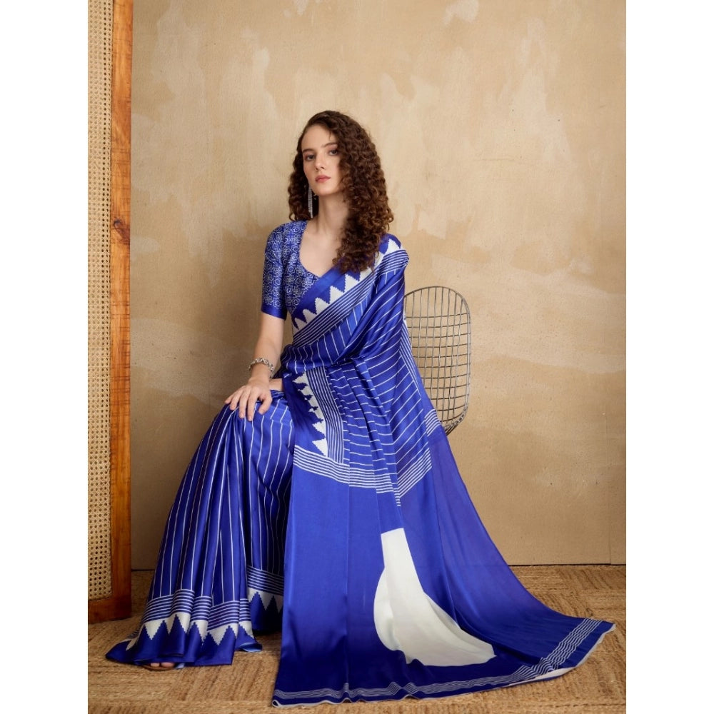 Generic Women's Satin Crepe Printed Saree With Unstitched Blouse 5.5Mtr (Navy Blue) - VANSHELLE