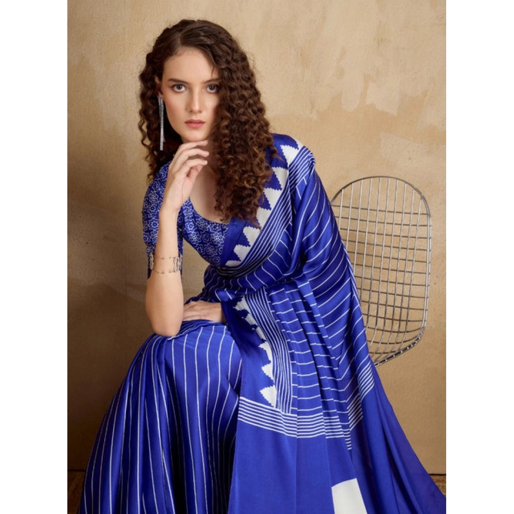Generic Women's Satin Crepe Printed Saree With Unstitched Blouse 5.5Mtr (Navy Blue) - VANSHELLE
