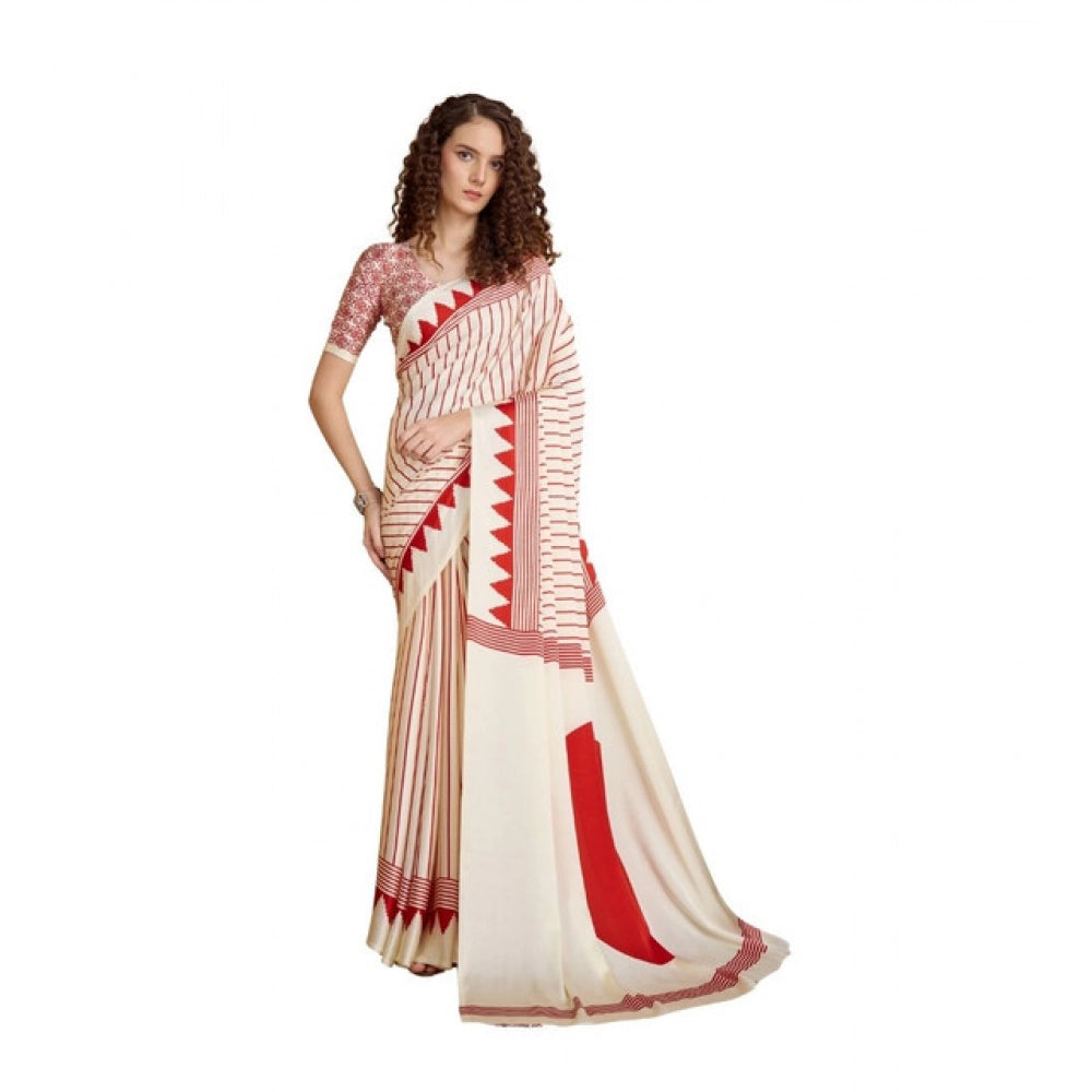 Generic Women's Satin Crepe Printed Saree With Unstitched Blouse 5.5Mtr (Off White) - VANSHELLE