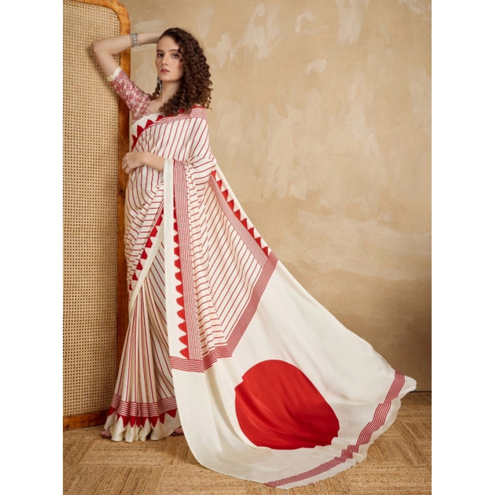 Generic Women's Satin Crepe Printed Saree With Unstitched Blouse 5.5Mtr (Off White) - VANSHELLE