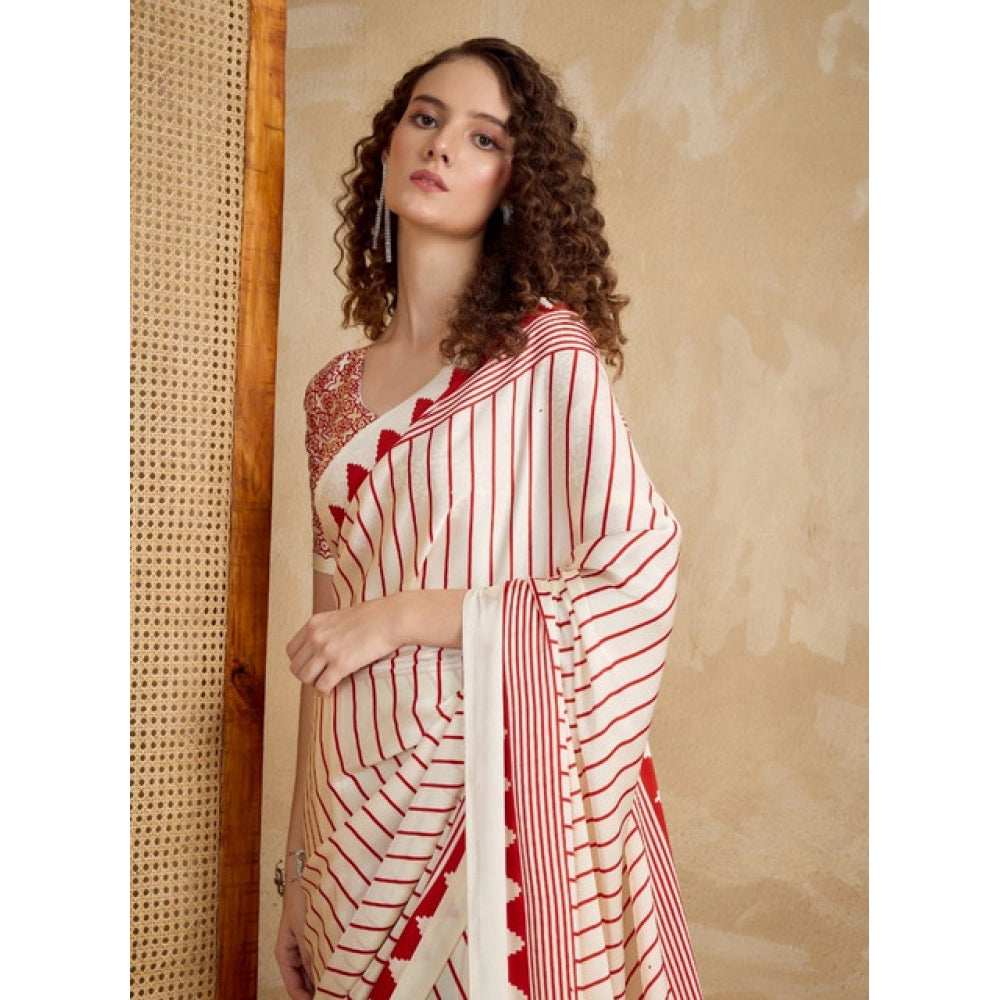 Generic Women's Satin Crepe Printed Saree With Unstitched Blouse 5.5Mtr (Off White) - VANSHELLE