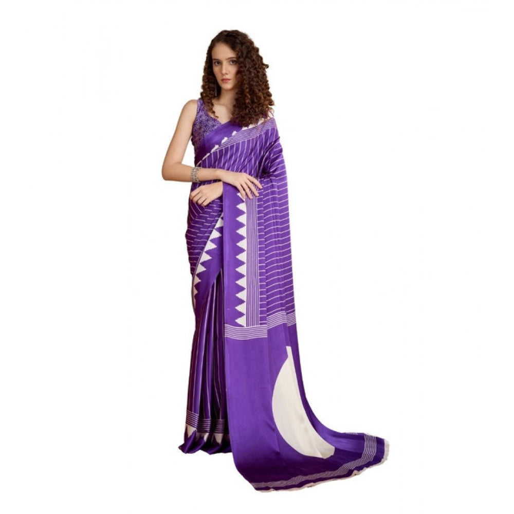 Generic Women's Satin Crepe Printed Saree With Unstitched Blouse 5.5Mtr (Lavender) - VANSHELLE