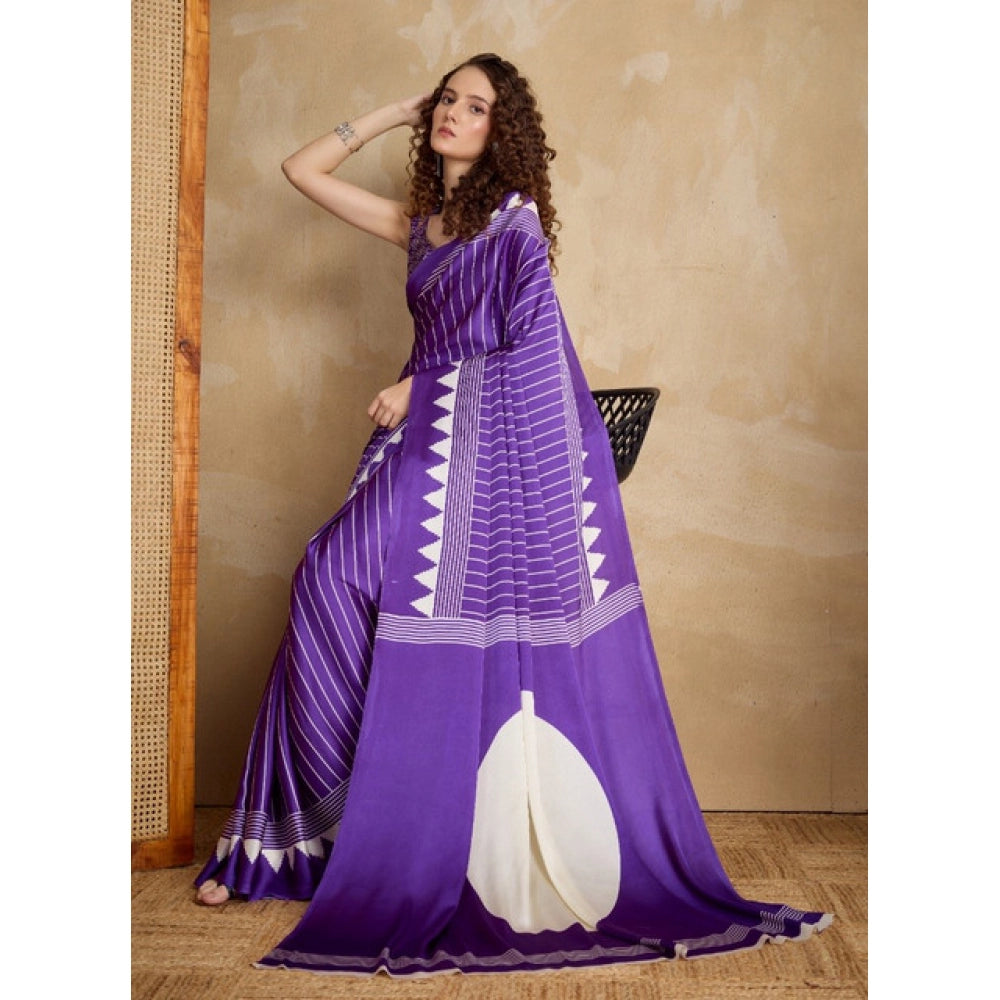 Generic Women's Satin Crepe Printed Saree With Unstitched Blouse 5.5Mtr (Lavender) - VANSHELLE