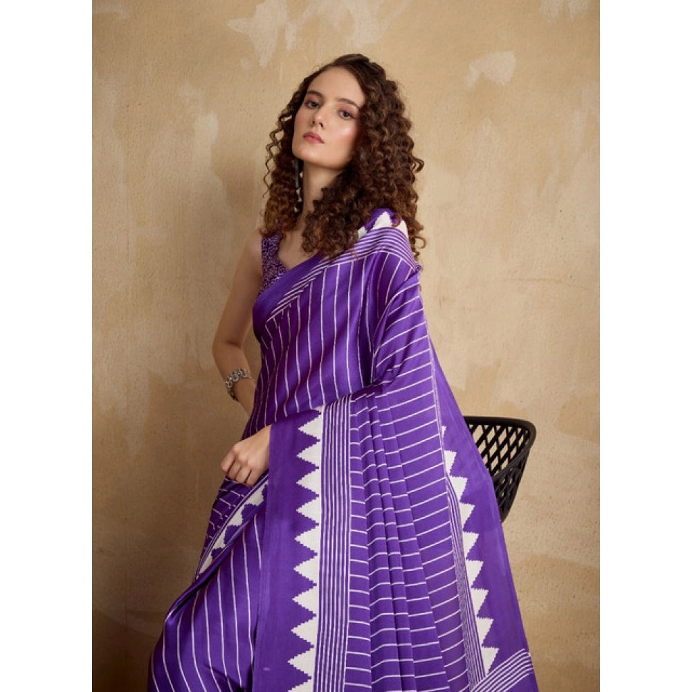 Generic Women's Satin Crepe Printed Saree With Unstitched Blouse 5.5Mtr (Lavender) - VANSHELLE