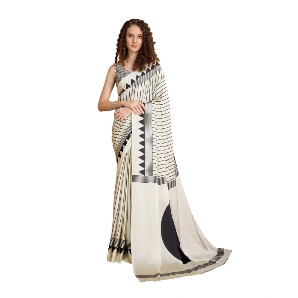 Generic Women's Satin Crepe Printed Saree With Unstitched Blouse 5.5Mtr (White) - VANSHELLE