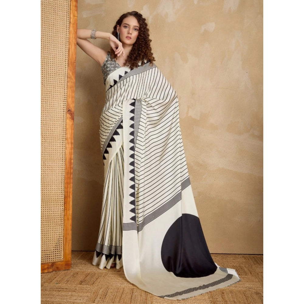 Generic Women's Satin Crepe Printed Saree With Unstitched Blouse 5.5Mtr (White) - VANSHELLE