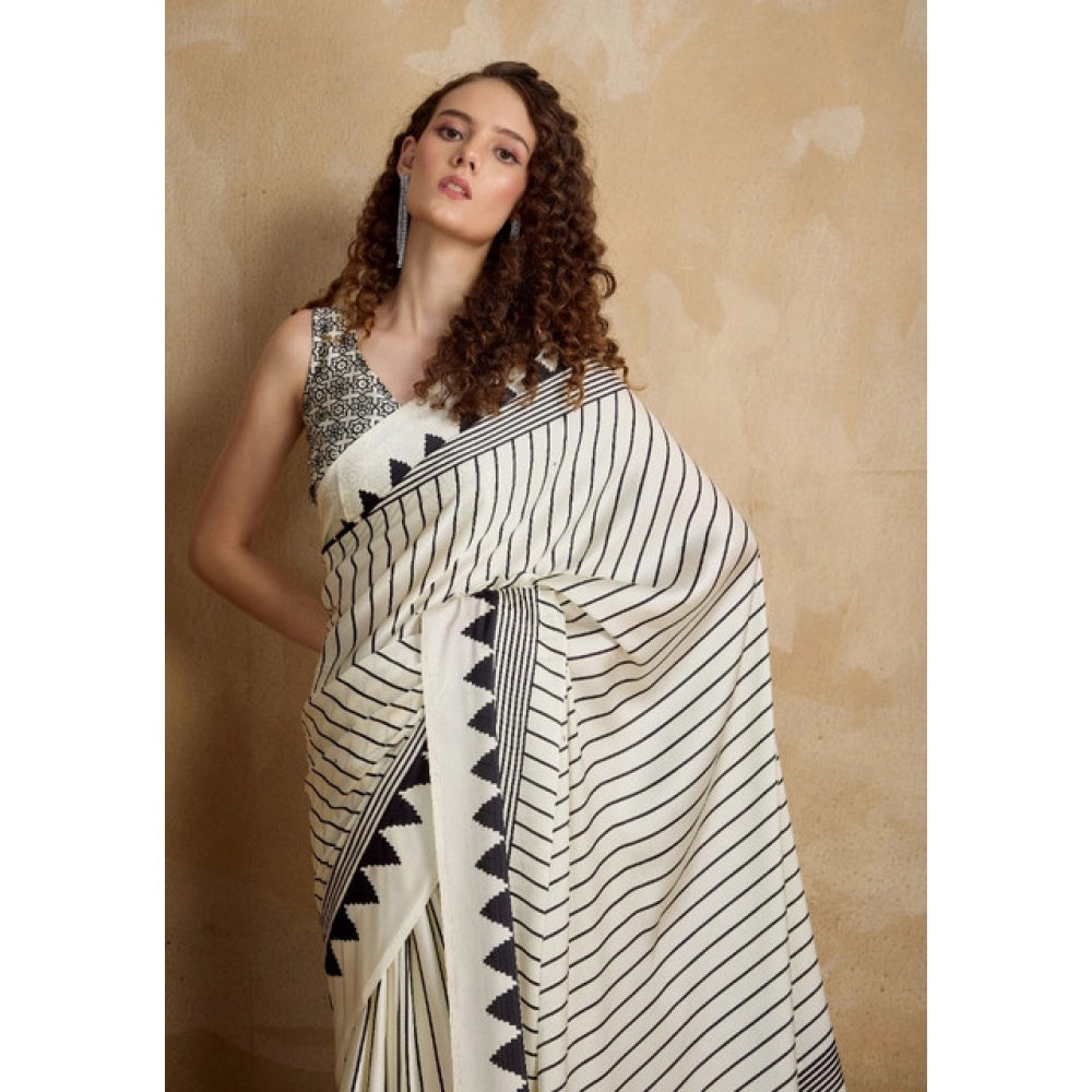 Generic Women's Satin Crepe Printed Saree With Unstitched Blouse 5.5Mtr (White) - VANSHELLE