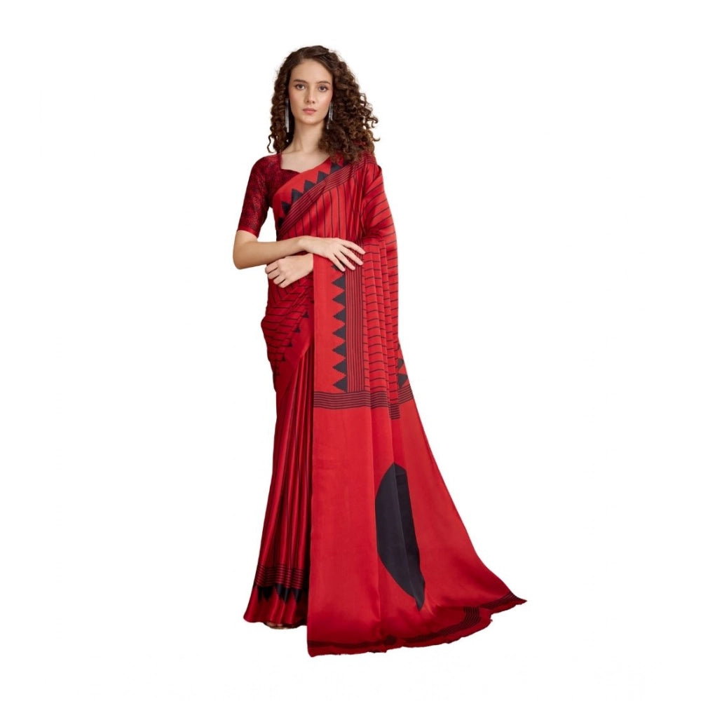 Generic Women's Satin Crepe Printed Saree With Unstitched Blouse 5.5Mtr (Red) - VANSHELLE