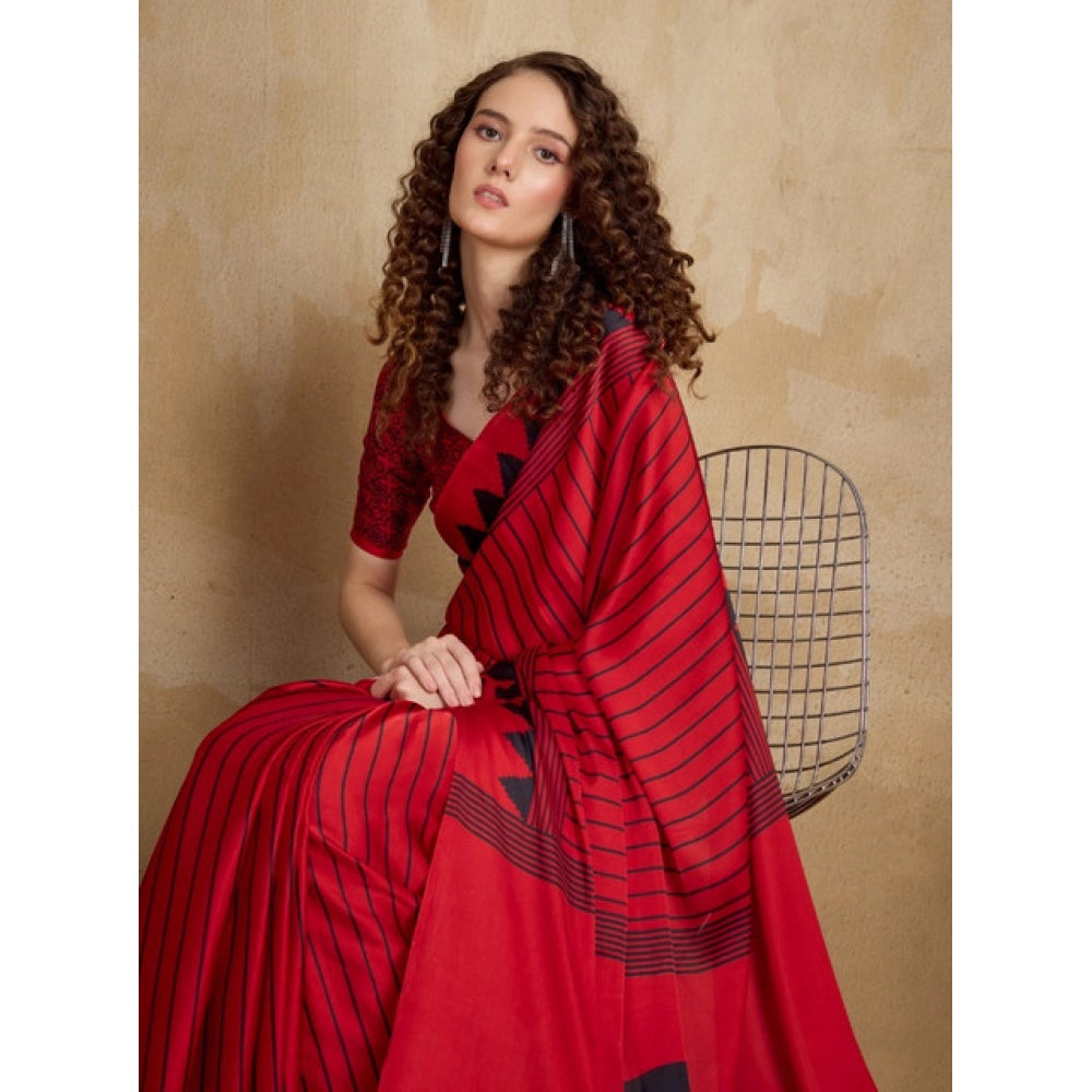 Generic Women's Satin Crepe Printed Saree With Unstitched Blouse 5.5Mtr (Red) - VANSHELLE