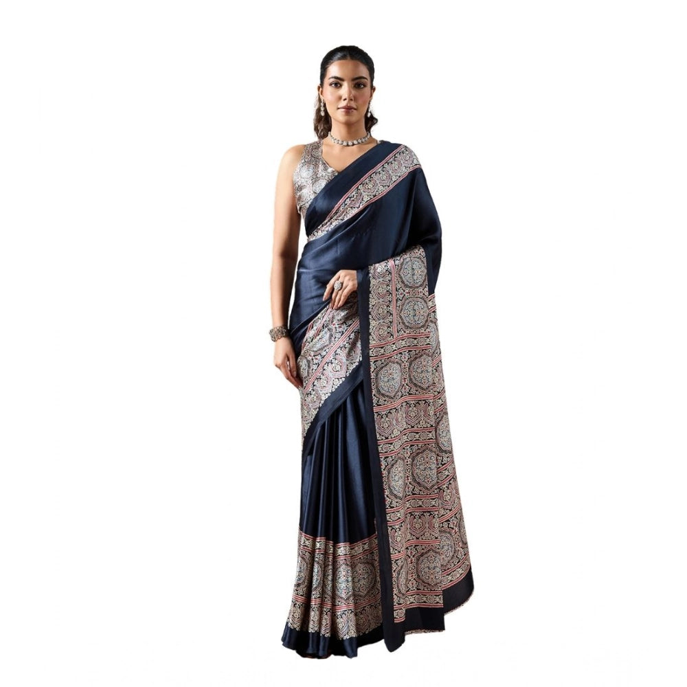 Generic Women's Satin Crepe Printed Saree With Unstitched Blouse 5.5Mtr (Navy Blue) - VANSHELLE