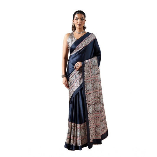 Generic Women's Satin Crepe Printed Saree With Unstitched Blouse 5.5Mtr (Navy Blue) - VANSHELLE