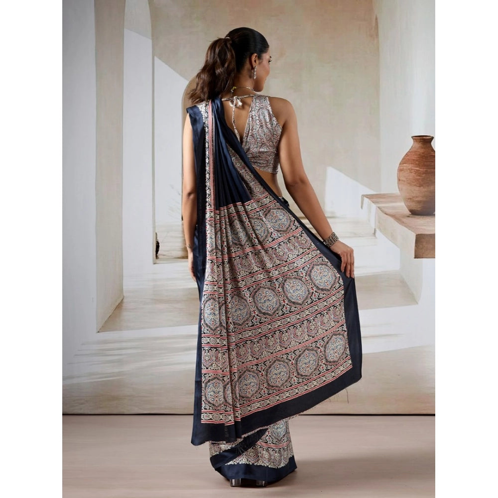 Generic Women's Satin Crepe Printed Saree With Unstitched Blouse 5.5Mtr (Navy Blue) - VANSHELLE