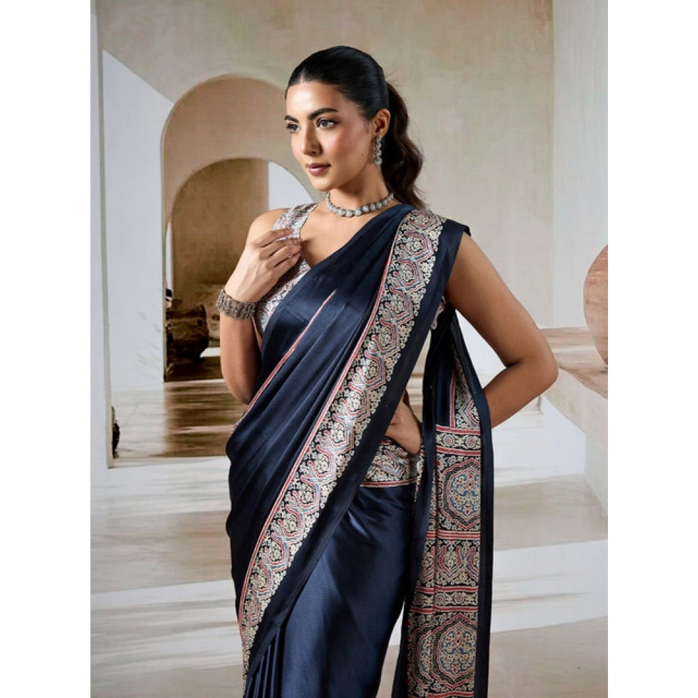 Generic Women's Satin Crepe Printed Saree With Unstitched Blouse 5.5Mtr (Navy Blue) - VANSHELLE