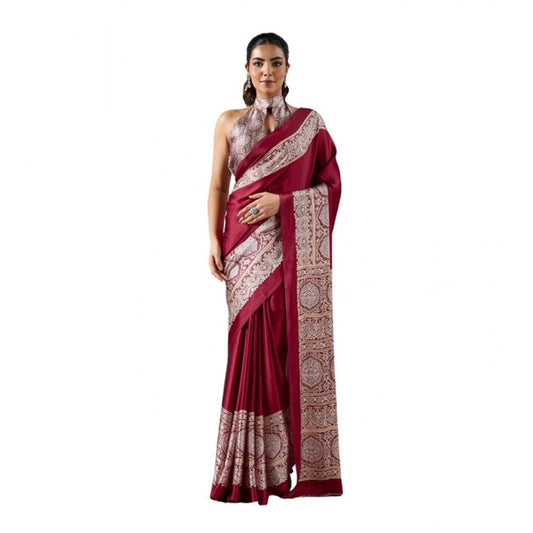 Generic Women's Satin Crepe Printed Saree With Unstitched Blouse 5.5Mtr (Maroon) - VANSHELLE