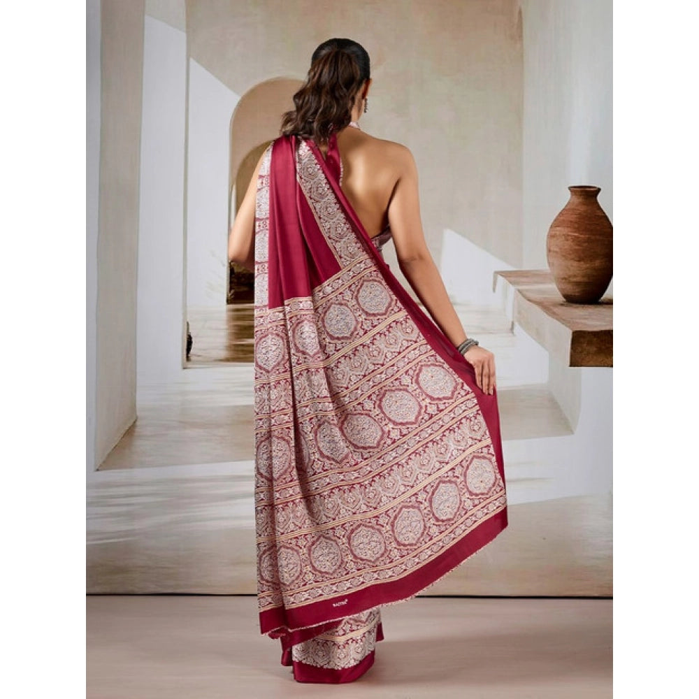 Generic Women's Satin Crepe Printed Saree With Unstitched Blouse 5.5Mtr (Maroon) - VANSHELLE