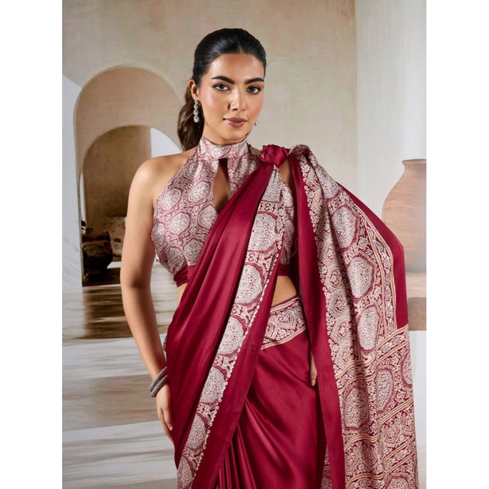 Generic Women's Satin Crepe Printed Saree With Unstitched Blouse 5.5Mtr (Maroon) - VANSHELLE