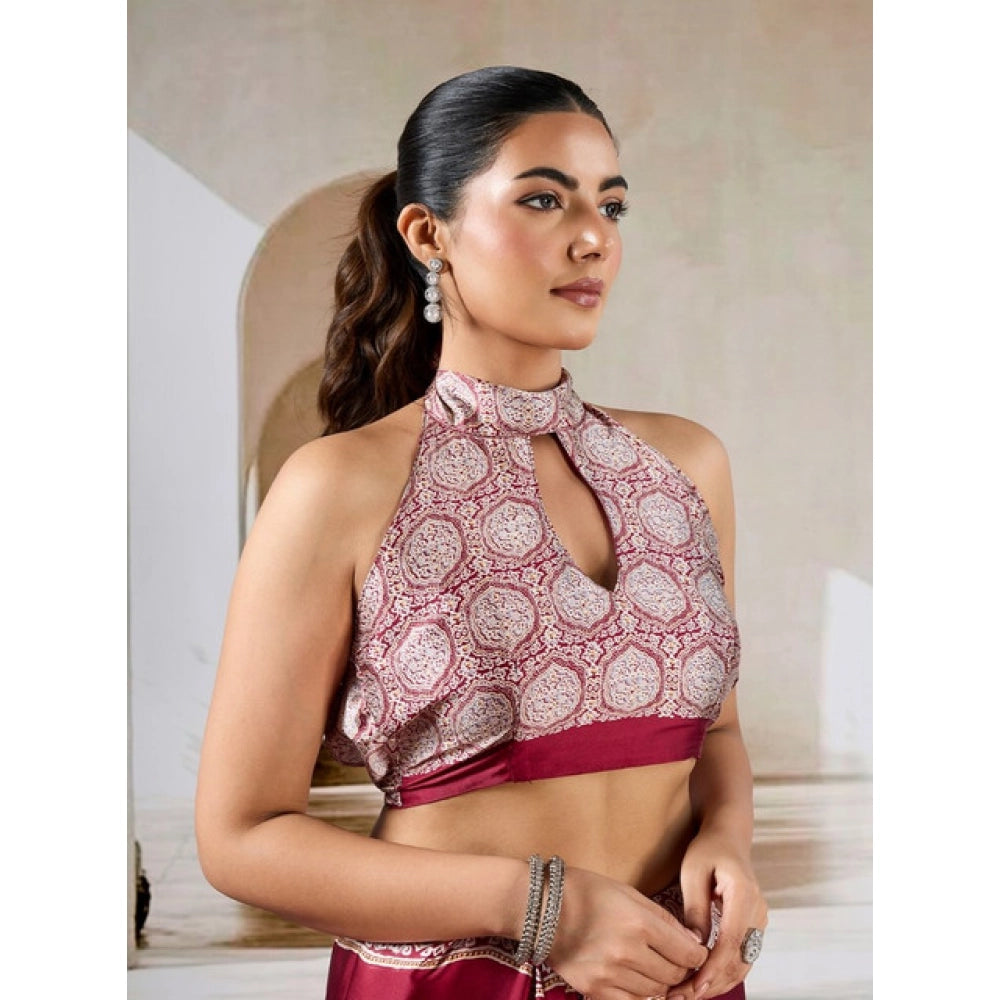 Generic Women's Satin Crepe Printed Saree With Unstitched Blouse 5.5Mtr (Maroon) - VANSHELLE