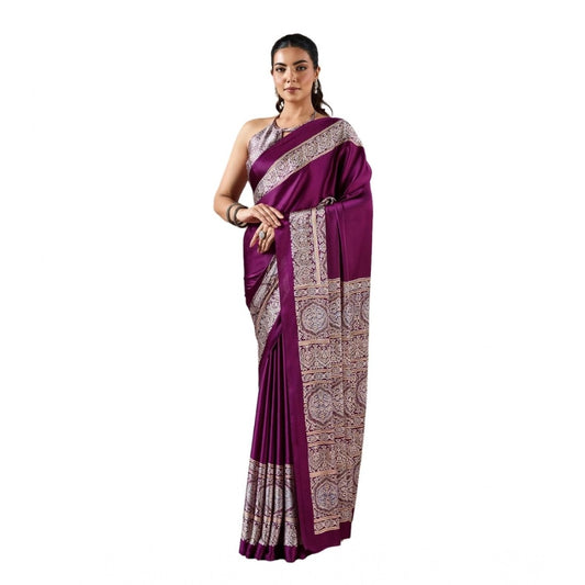 Generic Women's Satin Crepe Printed Saree With Unstitched Blouse 5.5Mtr (Purple) - VANSHELLE