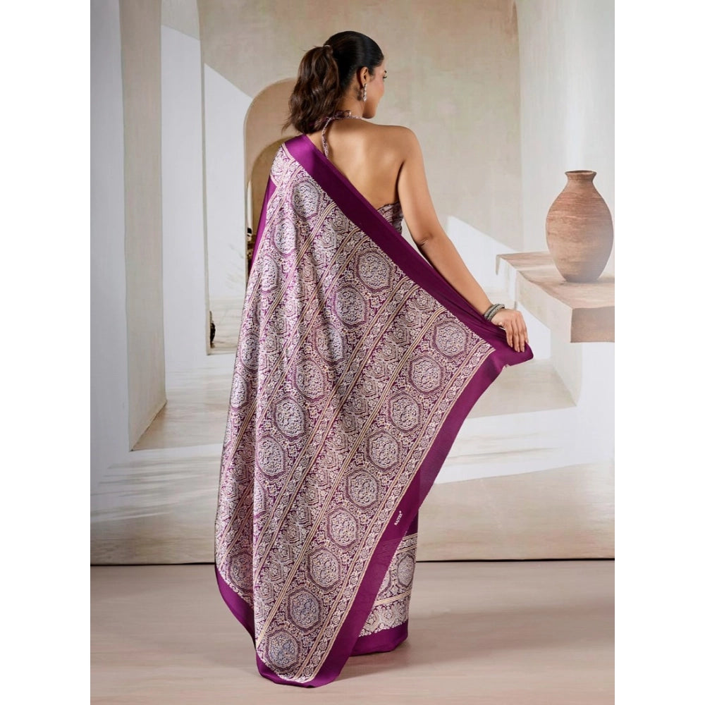 Generic Women's Satin Crepe Printed Saree With Unstitched Blouse 5.5Mtr (Purple) - VANSHELLE