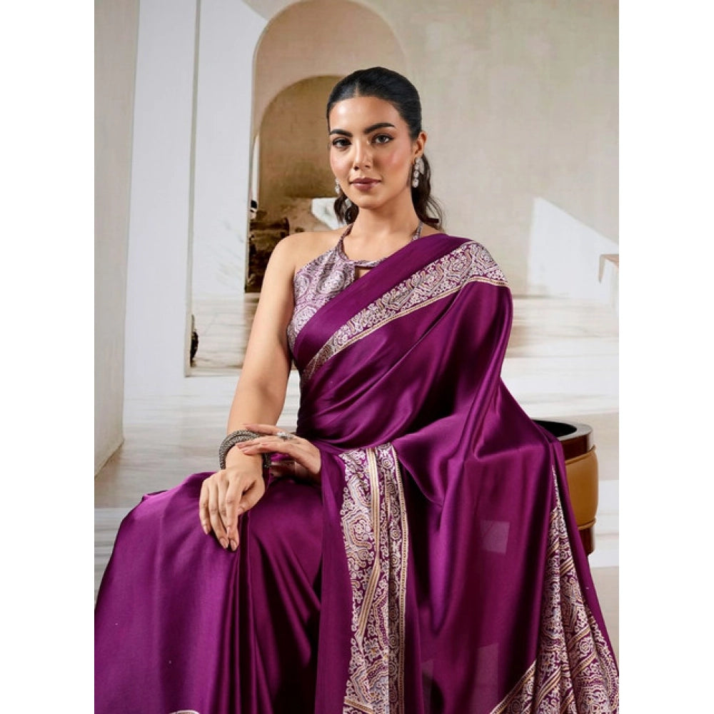 Generic Women's Satin Crepe Printed Saree With Unstitched Blouse 5.5Mtr (Purple) - VANSHELLE