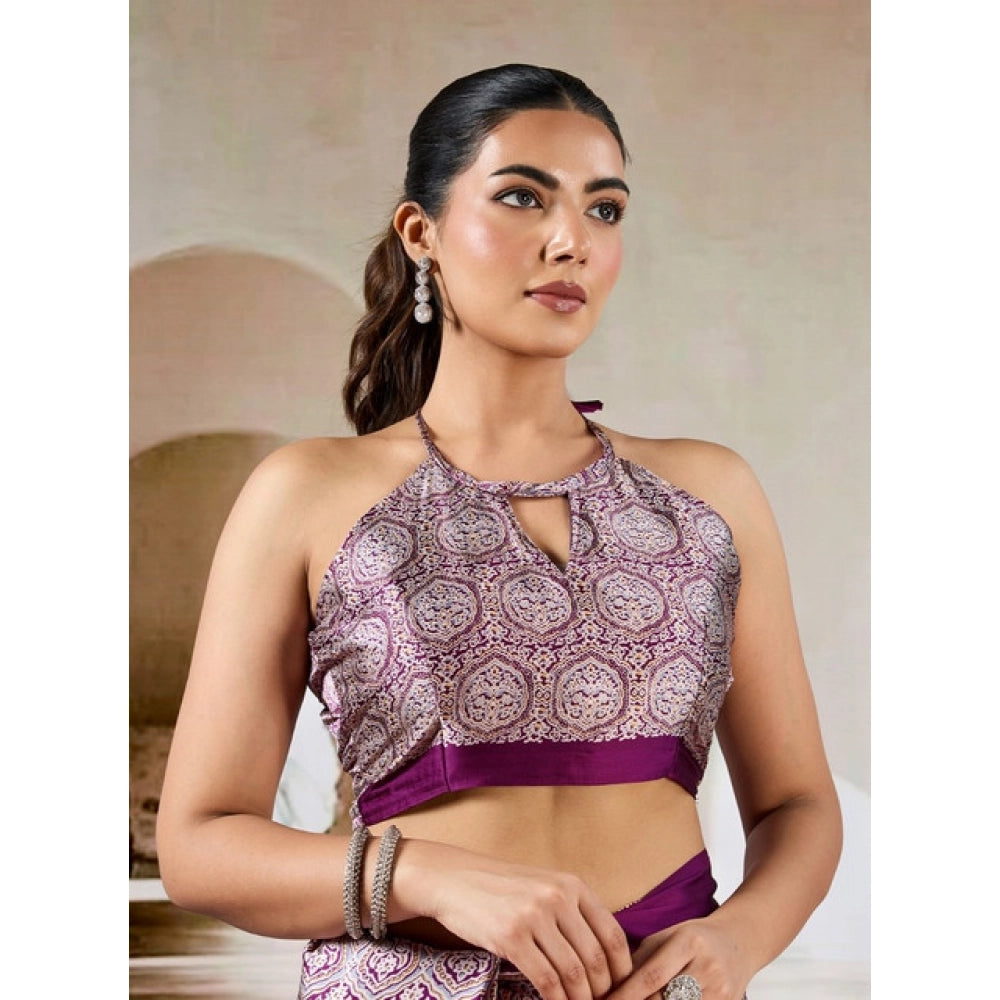 Generic Women's Satin Crepe Printed Saree With Unstitched Blouse 5.5Mtr (Purple) - VANSHELLE