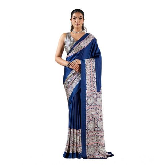Generic Women's Satin Crepe Printed Saree With Unstitched Blouse 5.5Mtr (Blue) - VANSHELLE