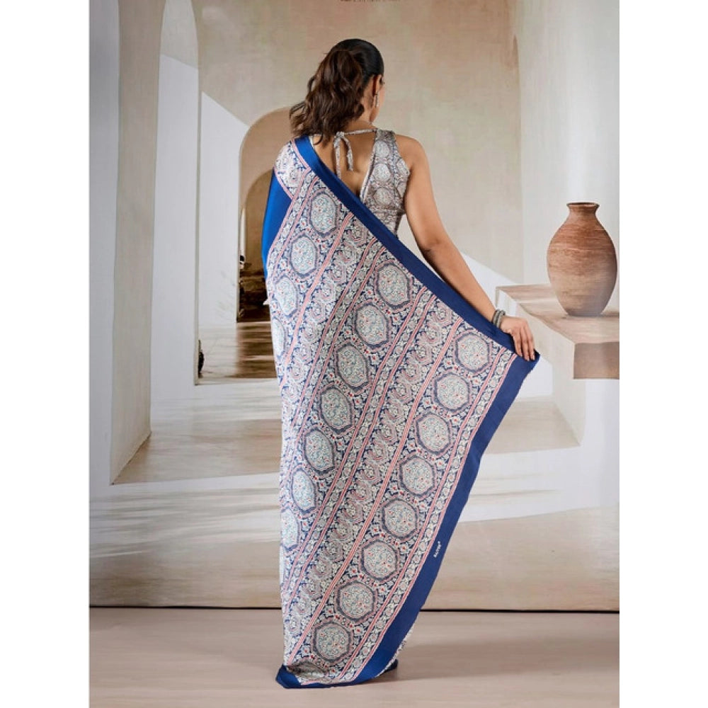 Generic Women's Satin Crepe Printed Saree With Unstitched Blouse 5.5Mtr (Blue) - VANSHELLE
