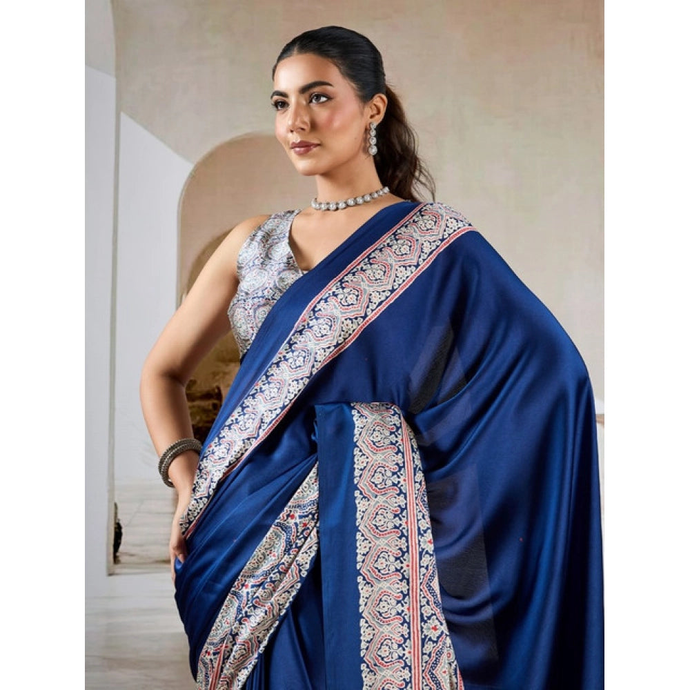 Generic Women's Satin Crepe Printed Saree With Unstitched Blouse 5.5Mtr (Blue) - VANSHELLE