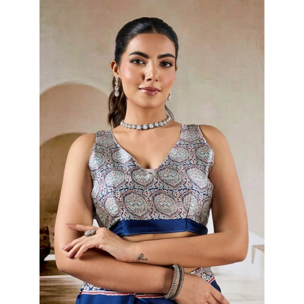 Generic Women's Satin Crepe Printed Saree With Unstitched Blouse 5.5Mtr (Blue) - VANSHELLE