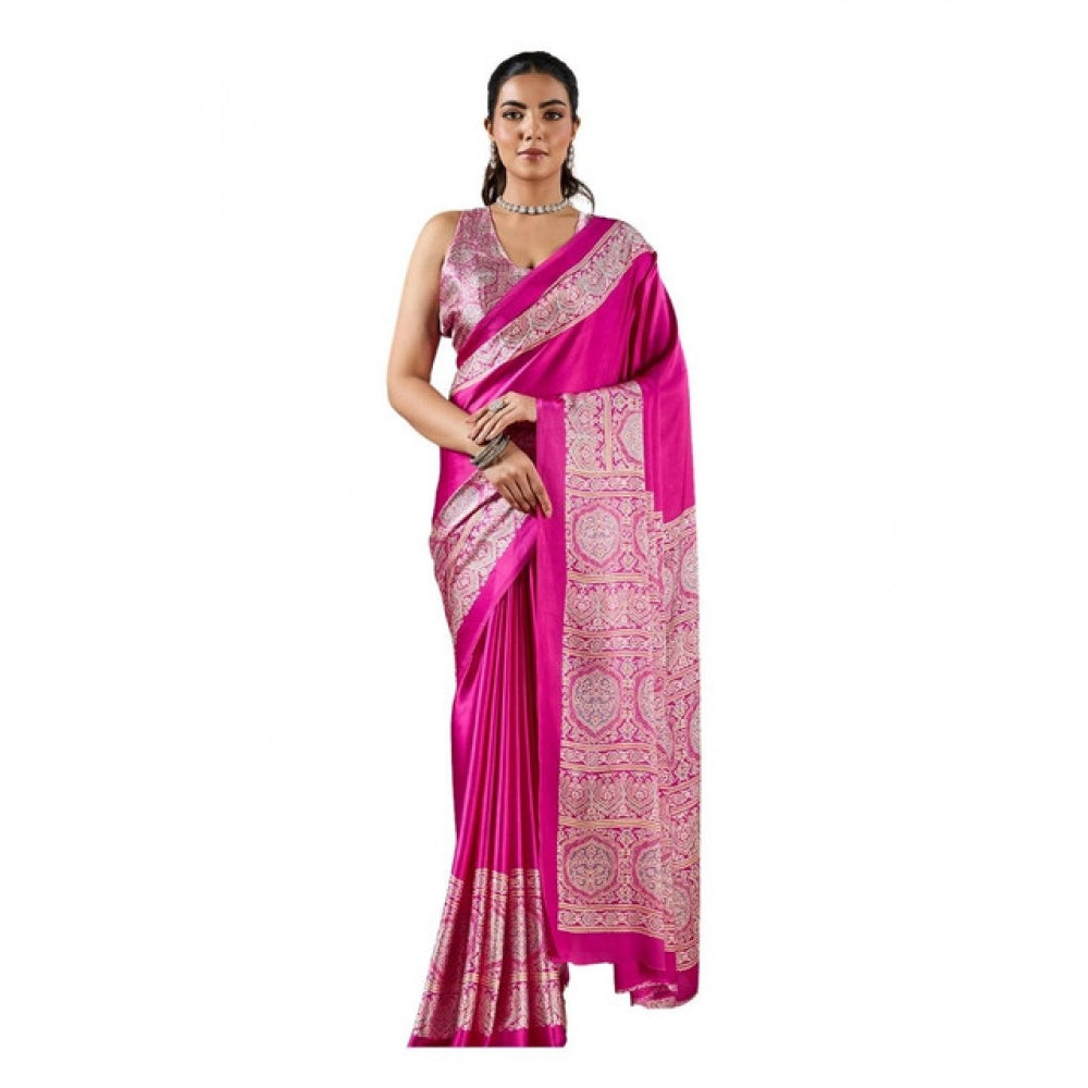 Generic Women's Satin Crepe Printed Saree With Unstitched Blouse 5.5Mtr (Pink) - VANSHELLE