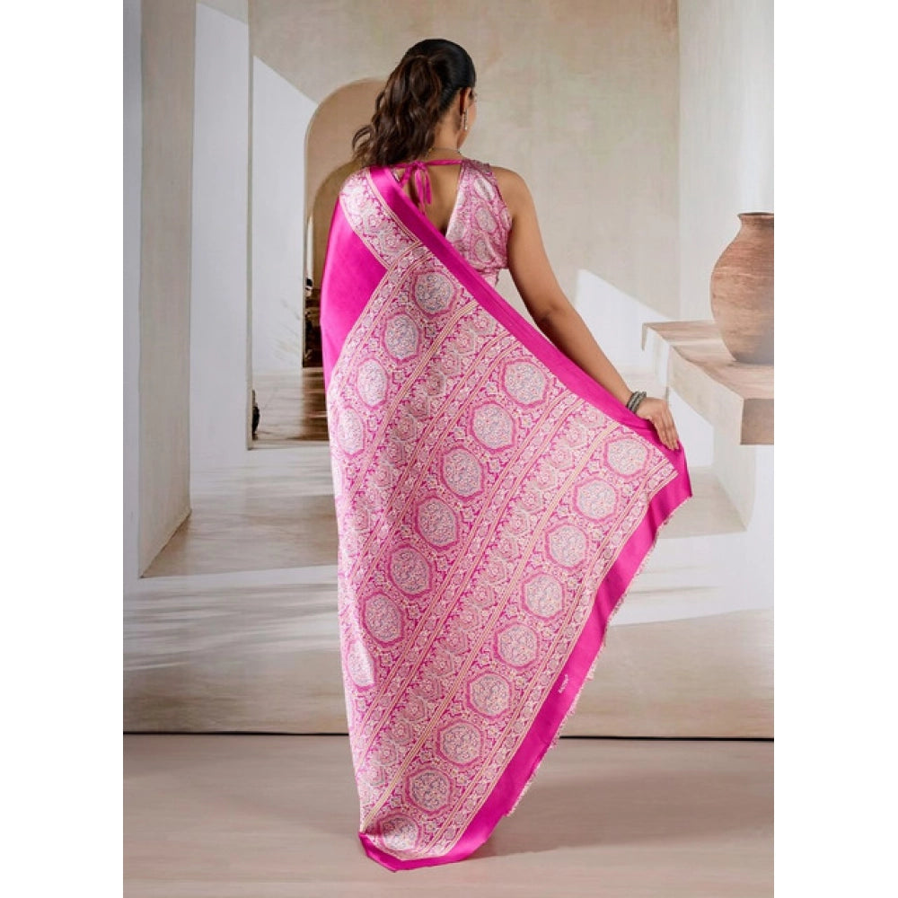 Generic Women's Satin Crepe Printed Saree With Unstitched Blouse 5.5Mtr (Pink) - VANSHELLE