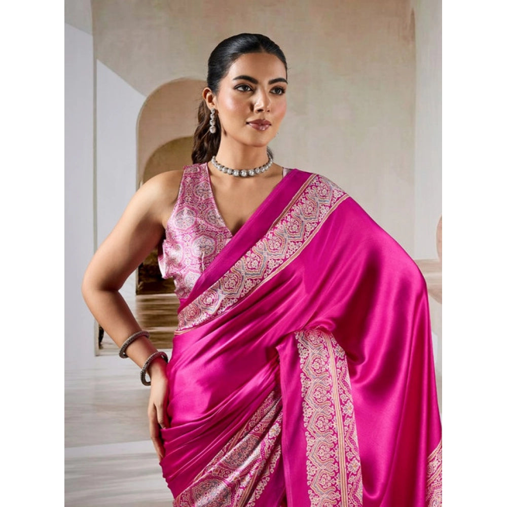 Generic Women's Satin Crepe Printed Saree With Unstitched Blouse 5.5Mtr (Pink) - VANSHELLE
