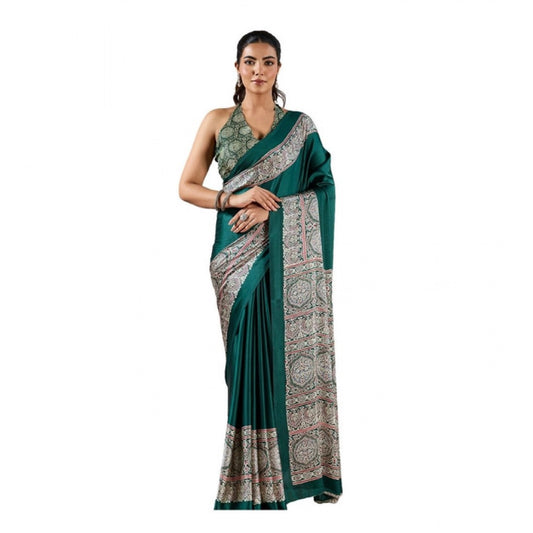 Generic Women's Satin Crepe Printed Saree With Unstitched Blouse 5.5Mtr (Green) - VANSHELLE
